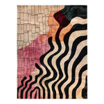 Stylish Chroma Waves Hand Tufted Area Rug featuring a vibrant abstract design with wavy black and beige patterns, perfect for adding a modern touch to your office or living room. This large wool rug beautifully combines geometric shapes and dynamic lines, making it an ideal choice for those seeking unique office rugs or large area rugs for the living room.