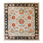 An exquisite handwoven hand-tufted area rug featuring a classic charm design. The rug showcases vibrant floral patterns against a soft, neutral background, framed by a contrasting dark border. Perfect for adding elegance to formal dining rooms, dining room areas, or living rooms. Made from high-quality wool, this rug enhances any space with its timeless appeal.