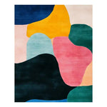 Colorful Chaos Hand Tufted Wool Rug displayed in a vibrant array of abstract shapes and colors. This large area rug features bold splashes of pink, green, yellow, blue, and black, making it a striking centerpiece for any living room. Perfect for those seeking large area rugs for the living room, this wool rug offers both style and comfort.