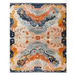 Top view of the Cosmic Dance Hand Tufted Rug, showcasing an abstract design with vibrant colors. This contemporary wool area rug is perfect for large living rooms, adding a splash of color and style to your space.