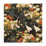 Hand-tufted area rug featuring elegant cranes among vibrant flowers on a dark background, perfect for adding a touch of nature to your office or large living room. This wool rug brings warmth and style, making it ideal for any living room setting.