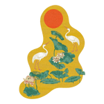 Vibrant hand-tufted wool area rug featuring elegant cranes and lotus flowers in a sunny pond setting. Perfect for adding a touch of nature to your living room, this uniquely shaped rug showcases a bright sun and lush greenery, making it an ideal choice for area rugs for living room decor.