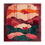 The Crimson Valley Hand Tufted Rug showcases an abstract landscape design with rich hues of red, orange, and green, ideal for enhancing an office or large living room. This wool area rug for living rooms combines artistic flair with practical comfort, perfect for creating a warm and inviting space.