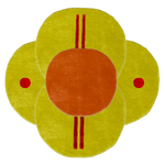 A vibrant round wool area rug titled 'Eastern Sun over Horizon' featuring a striking abstract design. Perfect for adding a pop of color to your living room or bedroom, this hand-tufted rug combines warm orange and yellow hues, with red accents, creating a unique focal point for any space. Ideal for those seeking stylish rugs for living room or bedroom, this round rug enhances the aesthetic of living room area rugs.