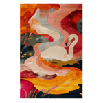Elysian Flames Hand Tufted Area Rug showcasing a vibrant floral design with a swan, in rich shades of orange, red, and yellow. This wool rug is perfect for adding a touch of elegance to your living room decor.