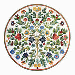 Top view of the Enchanted Arbor Hand Tufted Round Rug, a stunning area rug ideal for offices. This large round wool rug features a vibrant floral design with intricate leaf and flower patterns, perfect for adding a touch of nature to your office space.