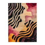 Evolving Forms Hand Tufted Viscose Area Rug featuring an abstract design with flowing black stripes and warm tones of red, yellow, and cream. Perfect for a stylish living room, this large 8x10 wool rug adds a touch of modern elegance.