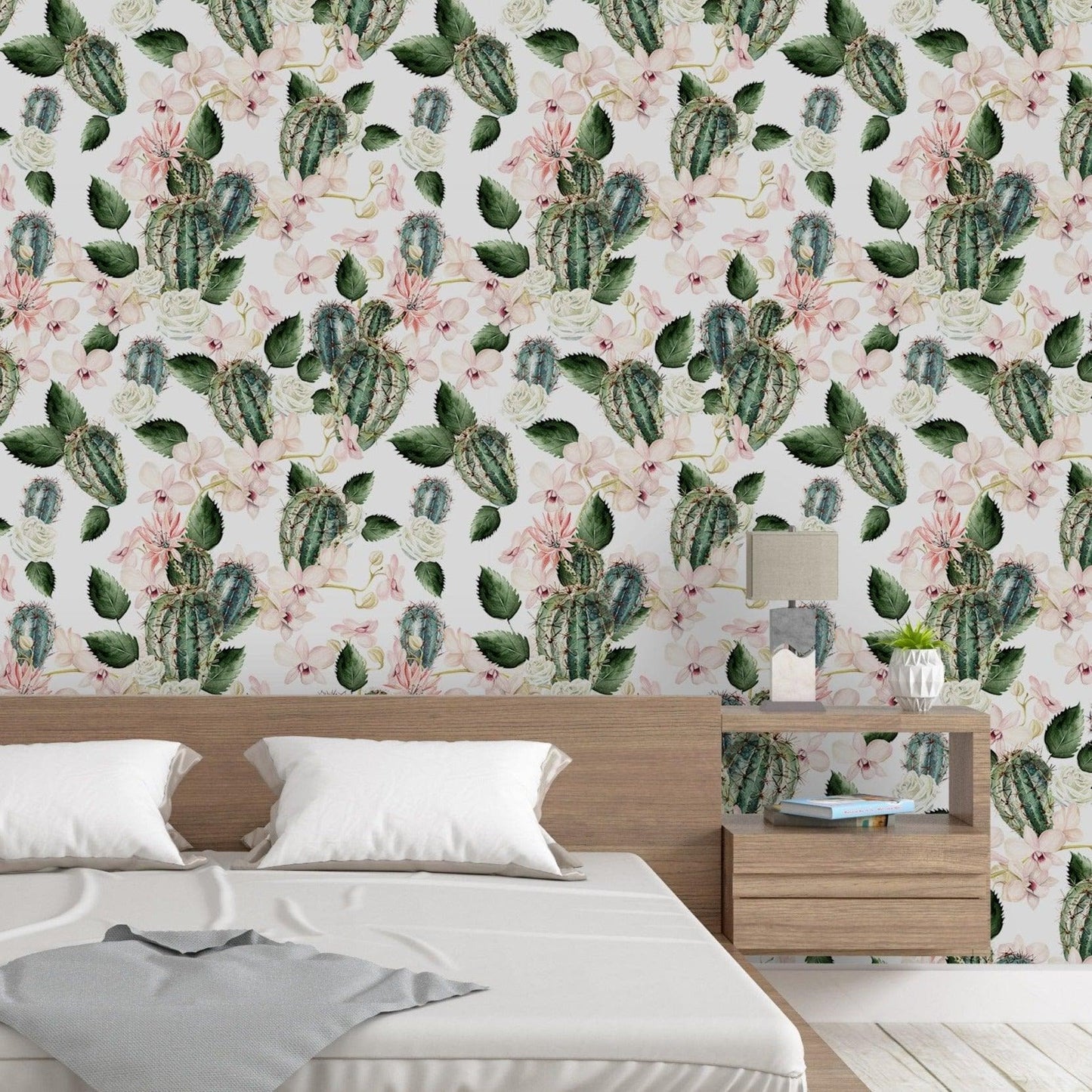 Floral Green Cactus Rose and Orchids Removable Wallpaper Floral Green Cactus Rose and Orchids Removable Wallpaper 