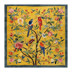 Vibrant hand-tufted wool area rug featuring a colorful floral and bird design, perfect as a square area rug for a living room. This floral rug showcases intricate details with a blend of vivid colors on a yellow background, making it an ideal choice for living room rugs in 8x10 dimensions.