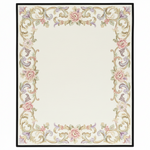 Decorative rug with floral and scroll designs on a white background