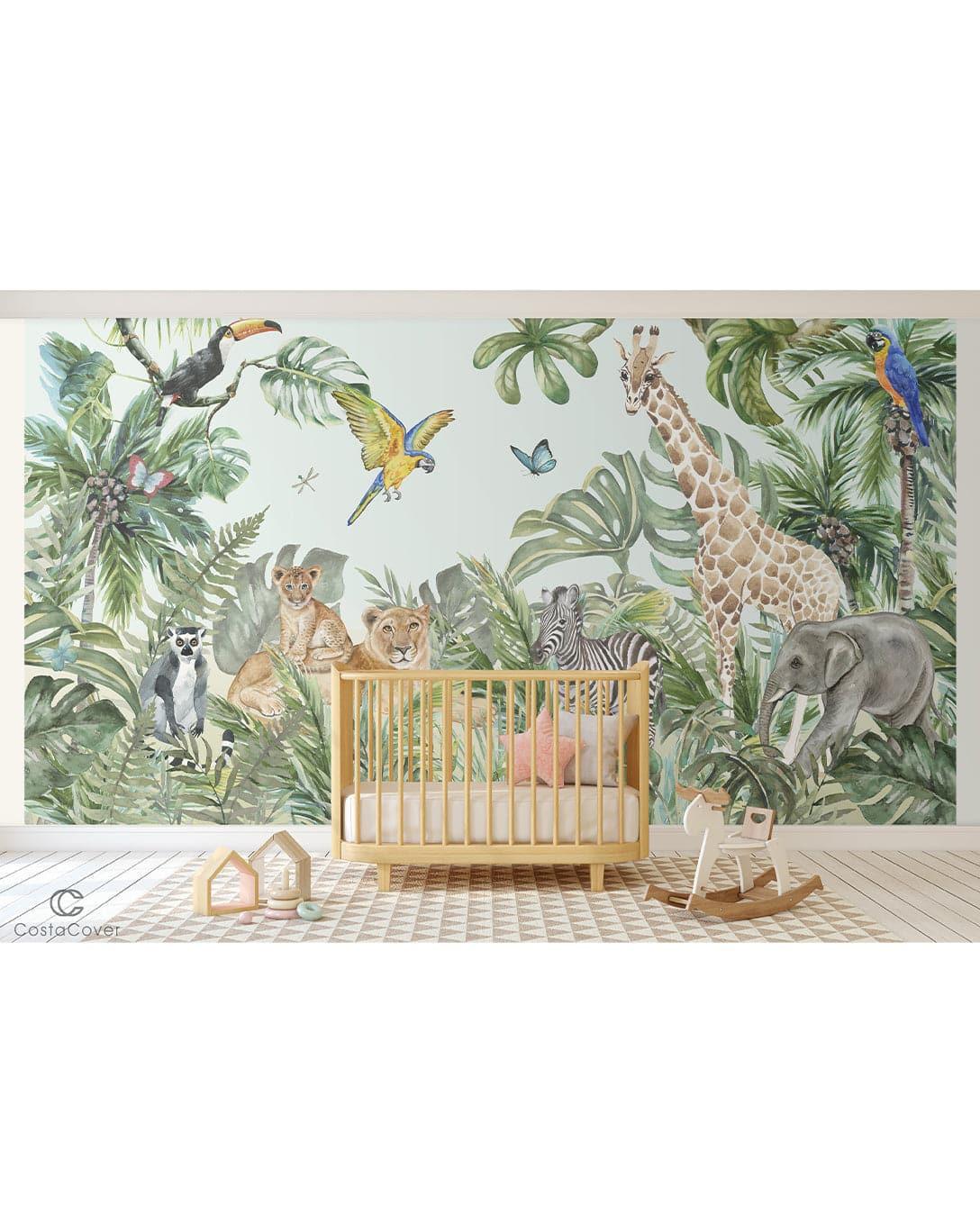 Geometric Tropical Pink Flamingo Removable Wallpaper Safari Jungle Exotic Animals Kids Room Wall Mural 