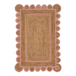 Rectangular rug with scalloped edge and pink border on a white background