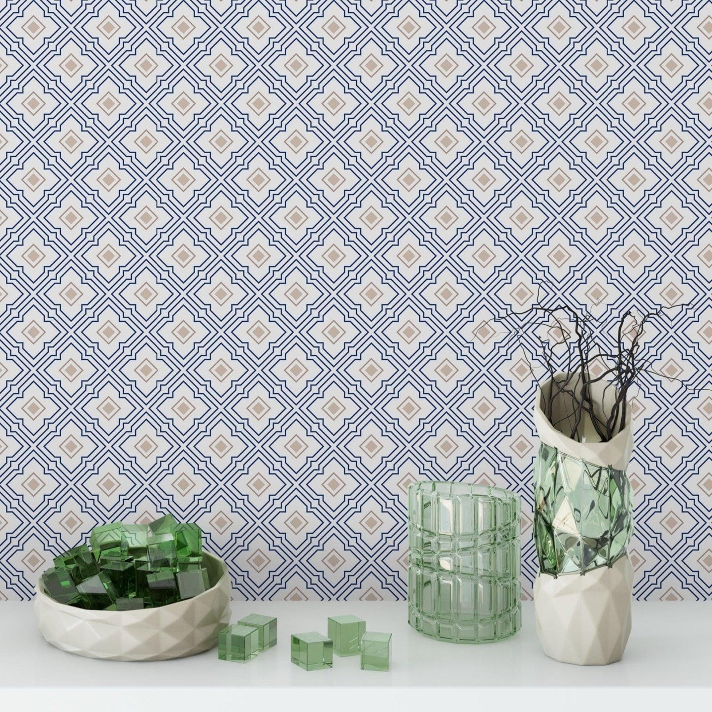 Luxury Gold Scallops Removable Wallpaper Blue and Gold Flower Tiles Removable Wallpaper 