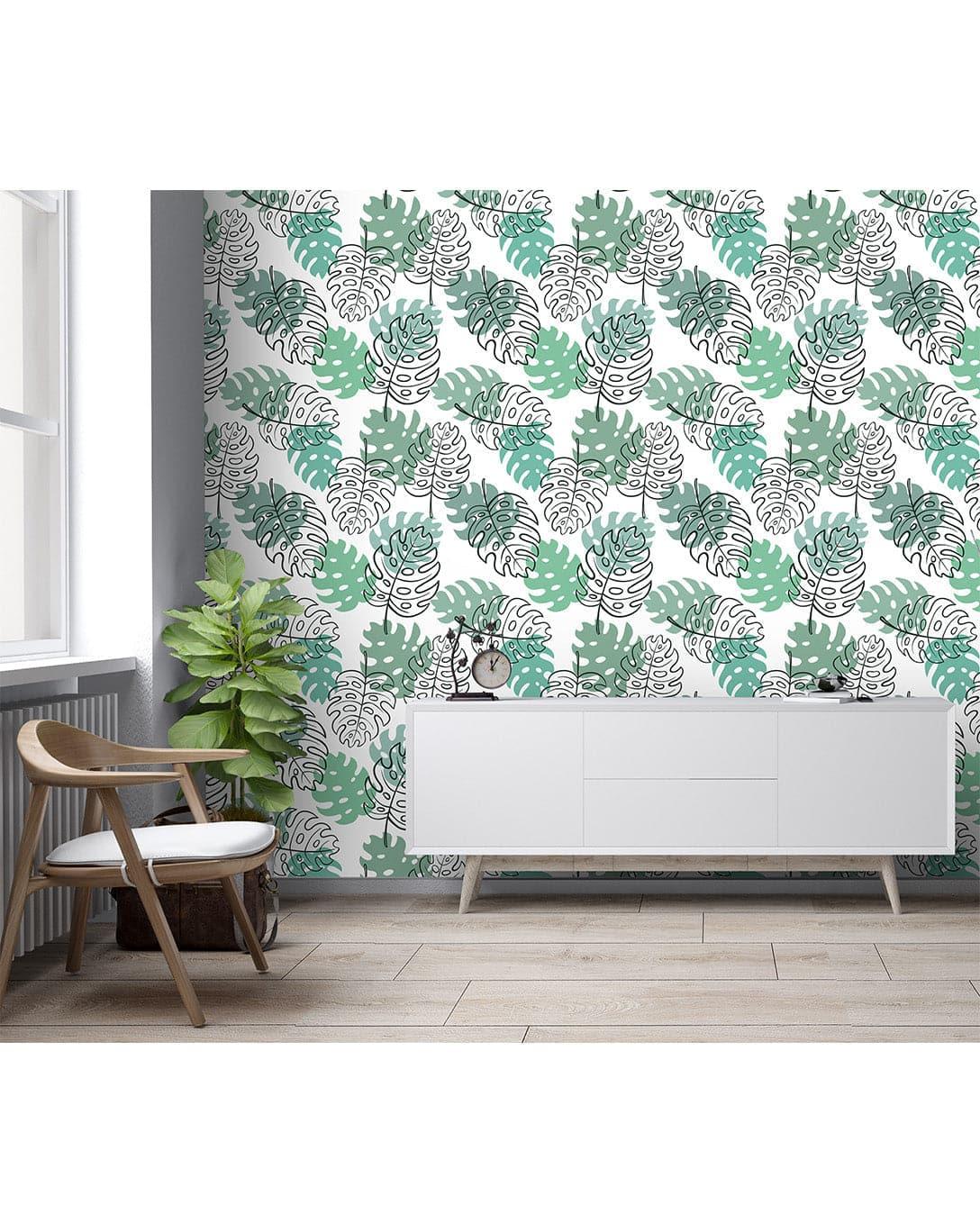 Monstera Palm Leaves Sketch Removable Wallpaper Monstera Palm Leaves Sketch Removable Wallpaper 