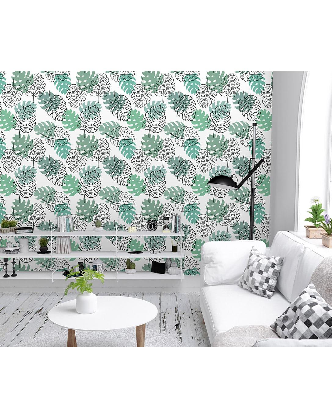 Pink Green Tropical Palm Leaves Wall Mural Monstera Palm Leaves Sketch Removable Wallpaper Monstera Palm Leaves Sketch Removable Wallpaper 