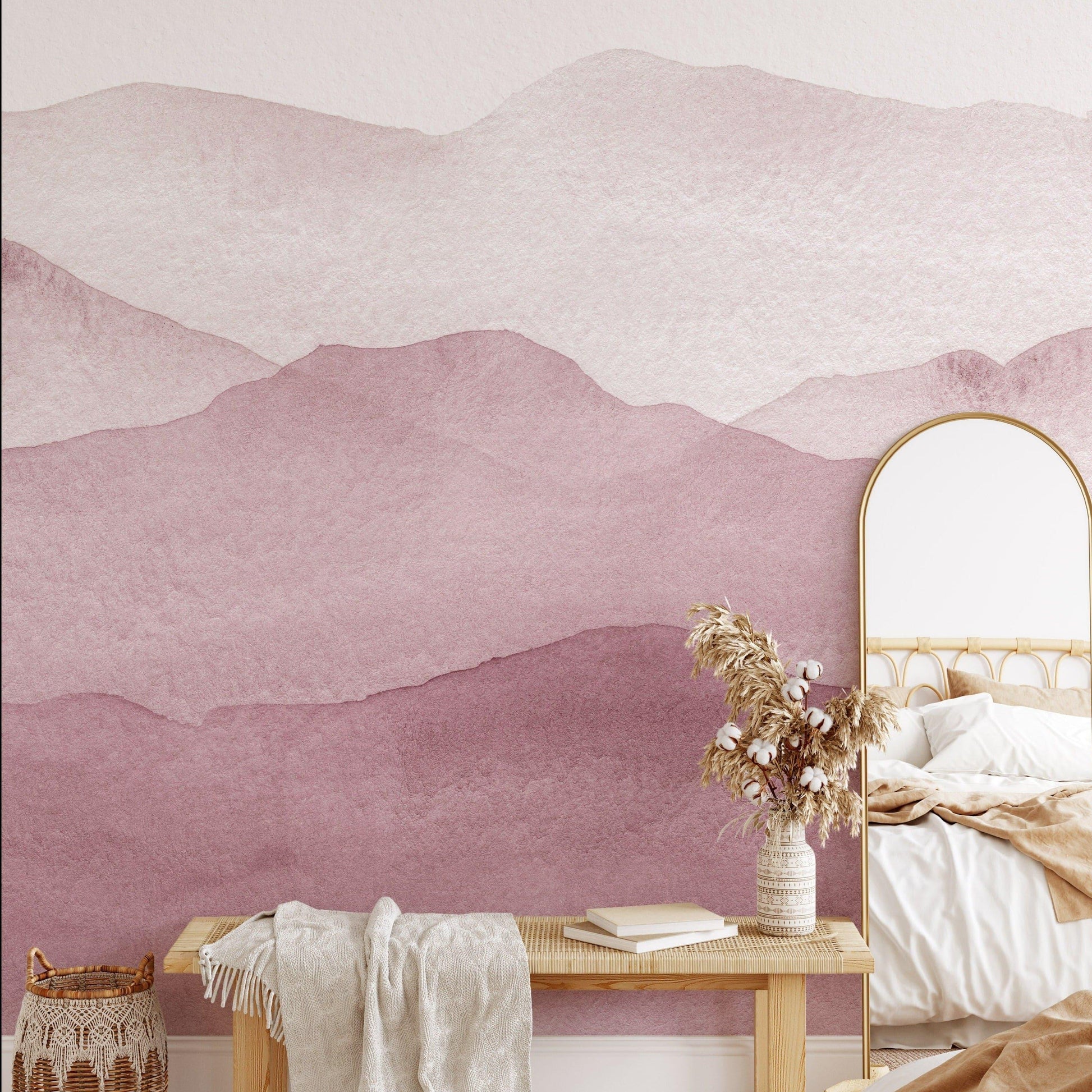 Pink Watercolor Abstract Mountains Mural 