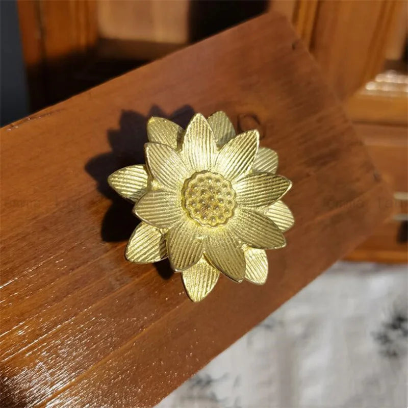 Solid Brass Lotus Floral Cabinet Knob Handle Set of 2