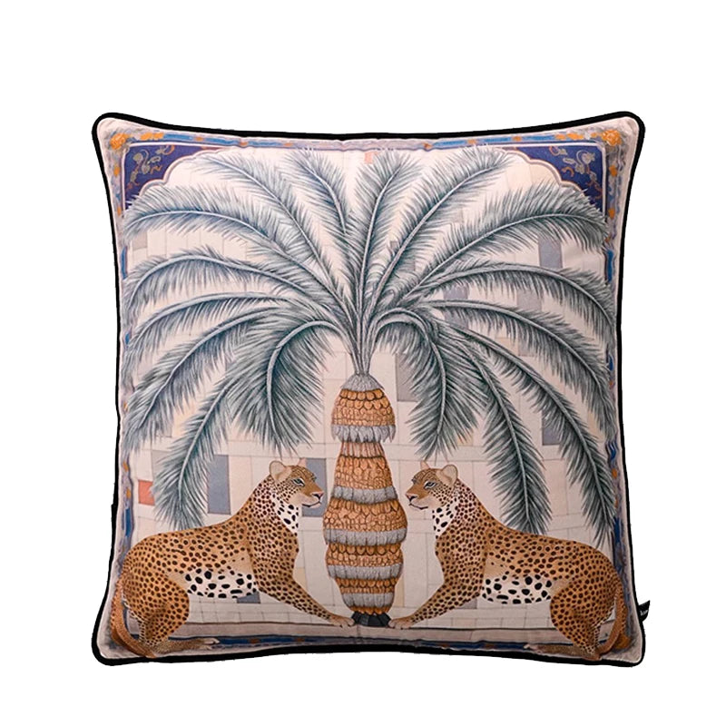 A stylish throw pillow cover made of luxurious velvet fabric, featuring a striking Sago Cycas Panthera design. The design showcases intricate patterns resembling the leaves of the Sago Cycas plant, intertwined with images of prowling panthers. The rich colors and detailed textures add a touch of sophistication and wilderness-inspired charm to any living space