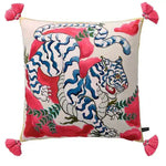 Hand-drawn chinoiserie throw pillow featuring a vibrant blue and white tiger design with pink tassels, perfect for adding a touch of elegance to any decor.