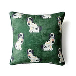 Green and white Staffordshire dog decorative throw pillow cover featuring playful dog patterns on a rich green background.