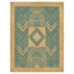 Rug with geometric pattern in green and beige on a white background