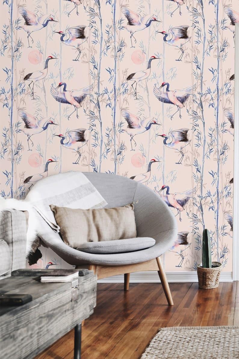 Sunset Branches and Herons Pink Wallpaper 