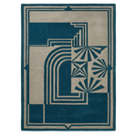 Rug with geometric design in blue and beige on a white background