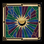 Decorative rug with sun and moon design on a white background