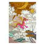This vibrant area rug features a hand-tufted celestial dragon design, perfect for adding a touch of fantasy to your living room or bedroom. The wool rug showcases a pink and yellow dragon flying among swirling clouds and a sun and moon above, creating an eye-catching focal point for any space. Ideal for those seeking unique rugs for living room or bedroom decor.