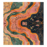 Top view of an Abstract Artistry Hand Tufted Wool Rug featuring intricate patterns in vibrant colors. This area rug showcases floral and branch designs in hues of orange, green, and pink, perfect for adding a touch of elegance to any room.