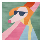 A vibrant abstract area rug with a playful dog design, featuring bold colors in a hand-tufted wool construction. The rug showcases a dog wearing sunglasses with a mix of green, pink, orange, and blue hues, creating a whimsical and modern art piece for any room.