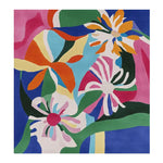 A vibrant Abstract Flora Flow Hand Tufted Area Rug featuring bold floral designs in colorful hues of orange, blue, pink, and green. Perfect for a contemporary touch in any living room, this square wool rug adds a lively and stylish element to your decor.