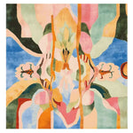 Top view of an Abstract Fusion Hand Tufted Area Rug showcasing vibrant colors and intricate patterns. This square area rug is perfect for adding a contemporary touch to any living room. Made from high-quality wool, it's ideal for large living room spaces, measuring 8x10. The colorful design makes it a standout piece among living room rugs.