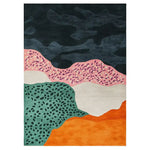 Vibrant and artistic area rug with abstract patterns in black, pink, green, and orange hues. The hand-tufted wool rug features a unique design that enhances any room's decor.