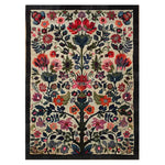 A vibrant hand-tufted wool area rug featuring an intricate floral pattern with bold colors like red, pink, and green against a neutral background, bordered by a dark frame. This stunning piece adds a touch of elegance to any room decor.