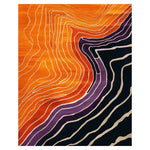 A vibrant Art Deco Current Hand Tufted Area Rug featuring bold swirling patterns in orange, purple, and black. Perfect for adding a touch of modern elegance to living room area rugs, this contemporary wool rug offers a stylish and lively focal point for area rugs in the living room.