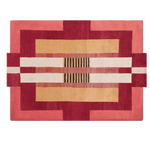 The Aztec Red Hand Tufted Wool Rug features a striking geometric design with bold red, pink, and beige tones, perfect for adding a contemporary touch to any bedroom or living room. This large area rug, crafted from quality wool, is ideal for those seeking modern bedroom area rugs or stylish large living room rugs.