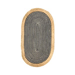 A stylish oval area rug crafted from jute with a beige and black striped design, ideal for adding a touch of elegance to any room. Perfect as a bathroom runner rug, kitchen rug, or in the living room, bedroom, and hallway.