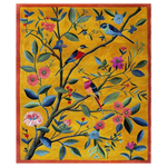 Vibrant Birdsong Blossom Hand Tufted Area Rug perfect for a living room, featuring an intricate design of colorful birds and flowers on a rich yellow wool backdrop. Ideal for those seeking large living room rugs or area rugs for a cozy and artistic touch.