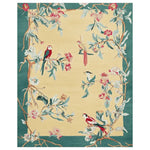 Birdsong Reverie Hand Tufted Area Rug featuring vibrant birds and floral patterns, ideal for large living room spaces. This wool rug showcases intricate design elements with a serene, nature-inspired theme, perfect for enhancing any living room decor.