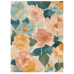 Bloom Blaze Hand Tufted Area Rug featuring a vibrant floral design with pink, yellow, and blue flowers. This contemporary wool rug adds a lively touch to any living room area, ideal for modern home decor enthusiasts.