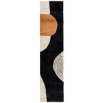 This contemporary hand-tufted wool runner rug, titled 'Bloom Chant', features an abstract design with bold black, white, and earthy tones. Perfect as a hallway runner rug or a stylish addition to kitchen and bathroom spaces, its modern aesthetic seamlessly blends with various decor styles.