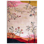 A beautifully designed area rug featuring a floral pattern with delicate branches and blossoms set against a serene backdrop. This wool rug is perfect for enhancing large living rooms, adding a touch of elegance and color with its nature-inspired design. Ideal for those seeking living room area rugs with a sophisticated and warm aesthetic.
