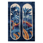 The Blossom Canopy Hand Tufted Wool Rug features an abstract design with vibrant blue and orange foliage against a deep blue background, creating a striking visual appeal. Perfect as an area rug for adding a touch of nature-inspired elegance to any room.