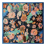 Top view of the Blossom Story Hand Tufted Rug, a vibrant floral area rug ideal for large living rooms. This square wool rug features an intricate design with colorful flowers in shades of pink, orange, and green against a dark background, perfect for adding a touch of nature to your living space.