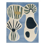 A unique abstract area rug, perfect for living room decor, featuring a blend of blue, green, and beige tones with geometric and organic shapes. This hand-tufted wool rug adds a touch of modern artistry to any space, ideal for those seeking stylish living room area rugs.