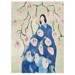 The Blossom Veil Muse Hand Tufted Rug features a captivating design with abstract floral patterns and a figure in shades of blue and pink. This contemporary wool area rug is perfect for enhancing large living room spaces with its artistic appeal, adding a touch of elegance and comfort.