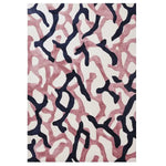 A striking abstract design area rug in pink and black tones, perfect for enhancing contemporary living room spaces. This wool rug features a modern artistic pattern that adds a touch of elegance to any living room area, showcasing a unique blend of colors and textures.