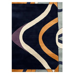 Bold Collapse Curve Hand Tufted Rug showcasing an abstract design with flowing lines in navy, cream, orange, and purple. Perfect as a contemporary wool rug to enhance living room area rugs collection.