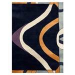 Bold Collapse Curve Hand Tufted Rug showcasing an abstract design with flowing lines in navy, cream, orange, and purple. Perfect as a contemporary wool rug to enhance living room area rugs collection.